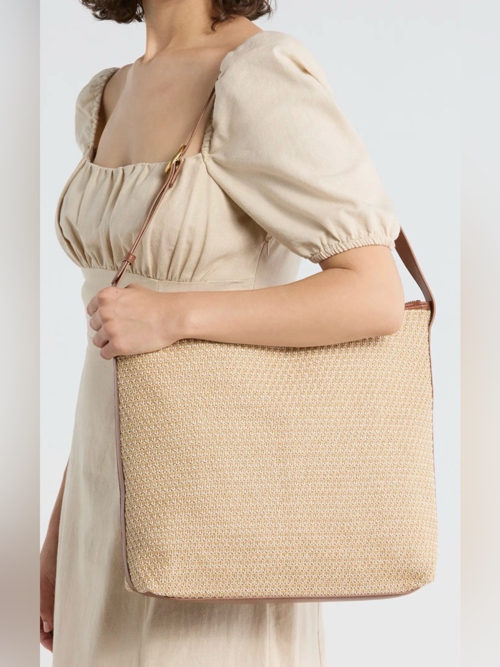 VINCE CAMUTO PAULA SHOULDER BAG WOVEN WOMEN BEIGE/BROWN TRIM